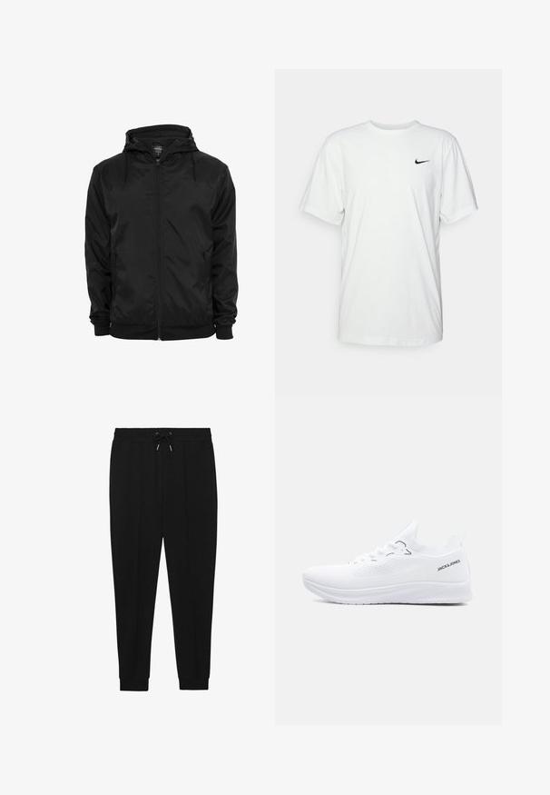 Zwarte capuchonjas met voorritssluiting en aantrekkoorden, lange mouwen en ritssluitbare zijzakken, afgebeeld op een effen witte achtergrond.; Witte katoenen T-shirt met korte mouwen, ronde halslijn en een zwart Nike-logo op de linker borst. Glad, lichtgewicht materiaal.; Zwarte sportbroek met een trekkoord in de taille, taps toelopende benen en ribbels aan de manchetten. Gemaakt van een zachte stof met een gladde textuur.; Witte lage sneaker van gebreid materiaal met een gestructureerde zool, veters aan de voorkant en het "JACK & JONES" logo aan de zijkant van de hielkraag.