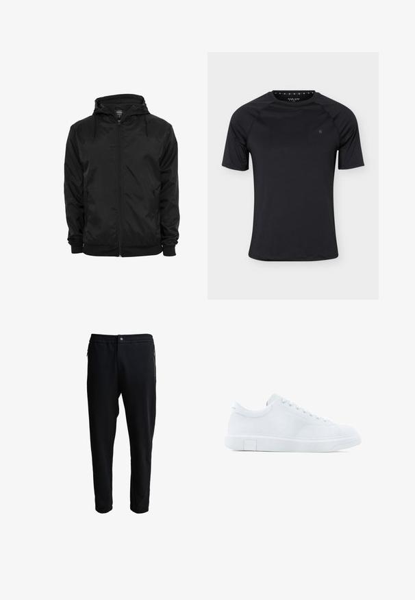 Chaqueta negra con capucha, cremallera frontal y cordones, mangas largas y bolsillos laterales con cremallera, mostrada sobre un fondo blanco liso.; Camiseta deportiva negra de manga corta con cuello redondo y pequeño logo en el pecho izquierdo, mostrada sobre un fondo liso y claro.; Pantalones de chándal negros con cinturilla elástica, bolsillos laterales con cremallera y piernas ajustadas. Fabricados con un tejido suave y de textura lisa.; Zapatilla blanca con upper de cuero liso, punta redonda, seis ojetes, cordones planos y suela de goma texturizada. Marca mínima en el lateral.