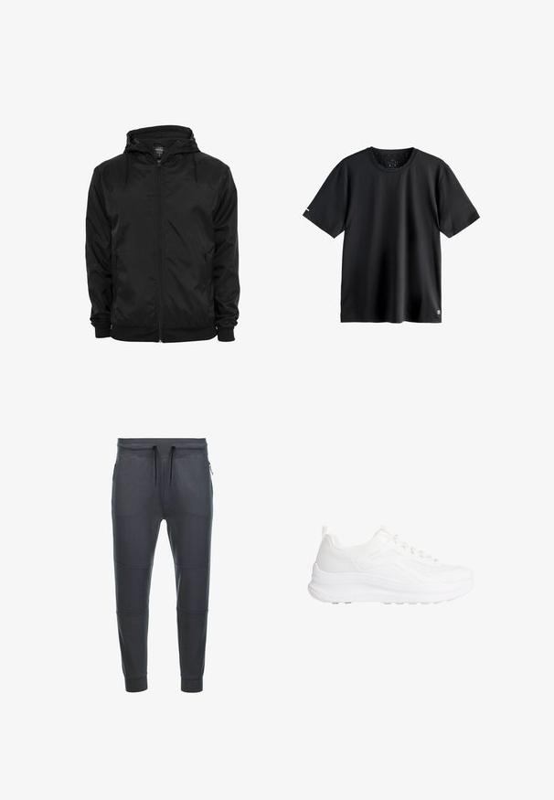 Zwarte capuchonjas met voorritssluiting en aantrekkoorden, lange mouwen en ritssluitbare zijzakken, afgebeeld op een effen witte achtergrond.; Effen zwarte korte mouwen sport-T-shirt met een ronde hals, medium maatlabel binnen in de halslijn en klein logo op de onderste linkerbies.; Donkergrijze sweatpants van zacht materiaal, met een tailleband met trekkoord, twee zijzakken met rits en paneeldetails op de benen.; Witte lage sportschoen met een textuurgebreid bovenwerk, dikke gevulde zool, veters aan de voorkant en subtiele branding op het zijpaneel.