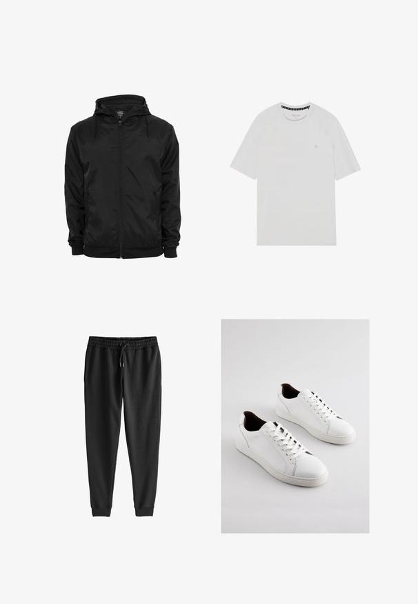 Zwarte capuchonjas met voorritssluiting en aantrekkoorden, lange mouwen en ritssluitbare zijzakken, afgebeeld op een effen witte achtergrond.; Witte t-shirt met korte mouwen en ronde hals, voorzien van raglanmouwen, een subtiele logo op de borst en contrasterende afwerking aan de hals.; Zwarte sweatpants gemaakt van zachte stof, met een elastische tailleband met trekkoord, taps toelopende benen en ribgebreide boorden bij de enkels.; Witte lederen sneakers met een laag profiel, geperforeerde zijkanten, platte veters en een contrasterende bruine binnenvoering. Rubberen zool met een textuurpatroon.