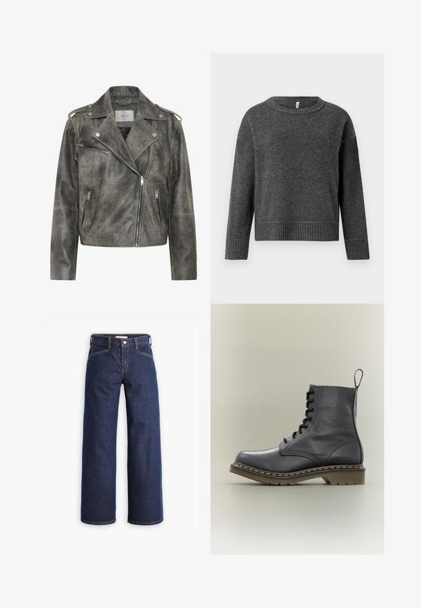 Gestuz VINTAGE JACKET - Veste en cuir - cold vintage grey; Pull en tricot gris foncé avec un col rond et des manches longues. Présente des poignets et un ourlet côtelés, fabriqué à partir d'un tissu doux et texturé.; Jeans en denim bleu marine avec taille haute, coupe large et broderies orange discrètes. Comprend une fermeture par bouton et zip à l'avant.; Botte de combat en cuir noir avec 8 œillets, semelle en caoutchouc, couture jaune et une languette à l'arrière. Présente une tige texturée.