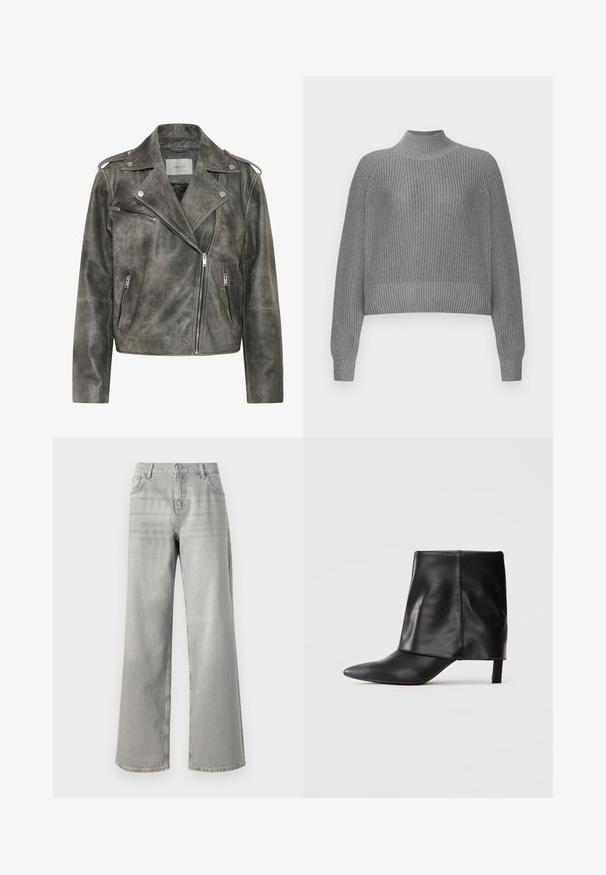 Gestuz VINTAGE JACKET - Kožená bunda - cold vintage grey; Šedý rebrovaný sveter s vysokým golierom, spadnutými ramenami a dlhými rukávmi. Obsahuje textúrované pletenie a skrátený lem.; Šedé široké džínsy s vysokým pásom, vyrobené z denimu. Obsahujú dve predné vrecká a majú čistý, nezdobený dizajn.; Čierna kožená čižma po kolená s špicatou špičkou, prehnutým horným častom a štíhlym nízkym opätkom, stojaca na bielom pozadí.