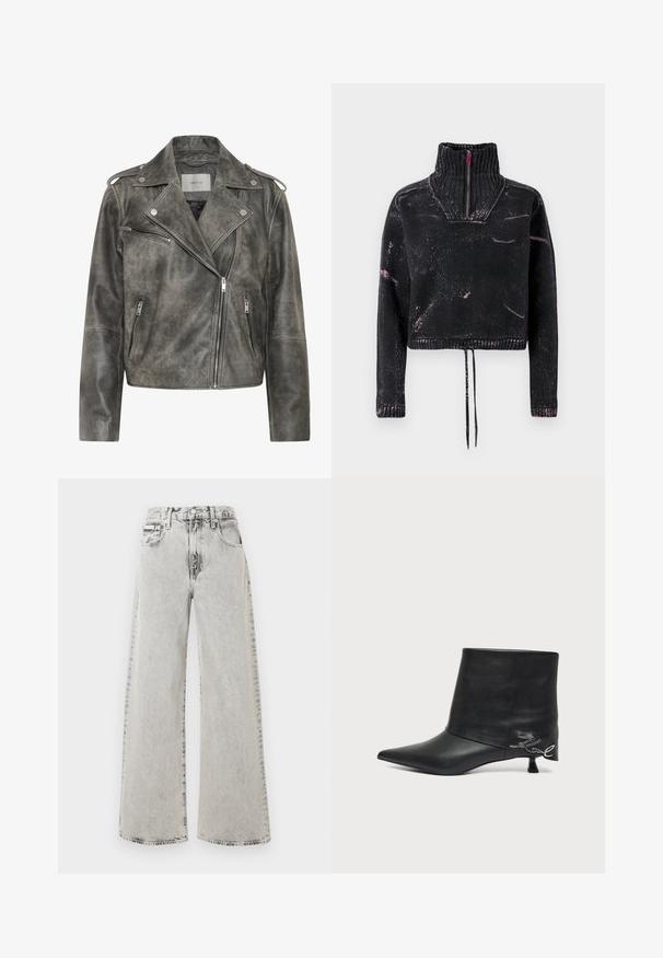 Gestuz VINTAGE JACKET - Læderjakker - cold vintage grey; Sort kort trøje med høj krave, halv lynlås, tekstureret stof og pink sprøjt mønster på fronten og ærmerne.; Vide ben jeans i lys grå denim med en falmet vask, forlommer og lukkes med knap. Designet er afslappet og rummeligt.; Sort læderankelstøvle med spids tå, kort kittenhæl og sølvfarvet skriftlig detalje nær hælen.
