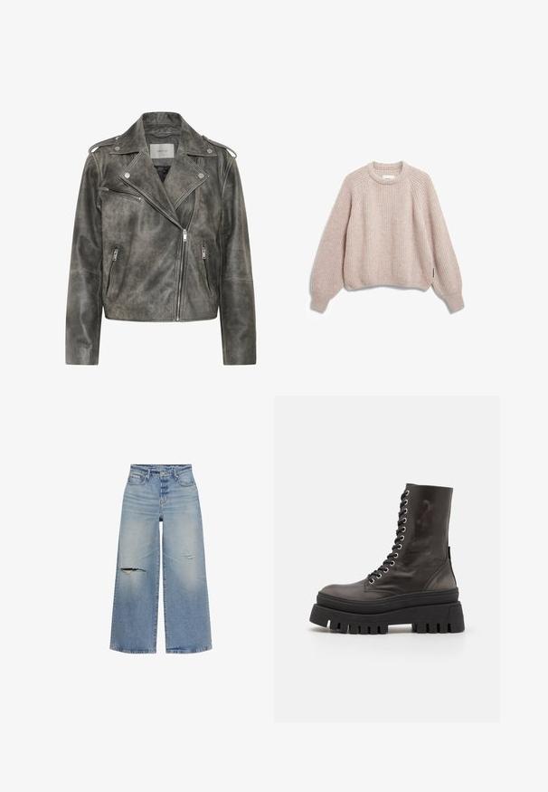 Gestuz VINTAGE JACKET - Leren jas - cold vintage grey; Lichtroze gebreide trui met lange mouwen, geribde boorden en zoom en een ronde hals, plat gelegd op een witte achtergrond.; Lichtblauwe denim wijde pijpen jeans met versleten details, inclusief twee scheuren aan de voorkant, en een ontwerp met vijf zakken.; Zwarte leren enkelbotten met een stevige platformzool, ronde neus en metalen oogjes voor de veters. Textuurafwerking voegt visuele interesse toe.