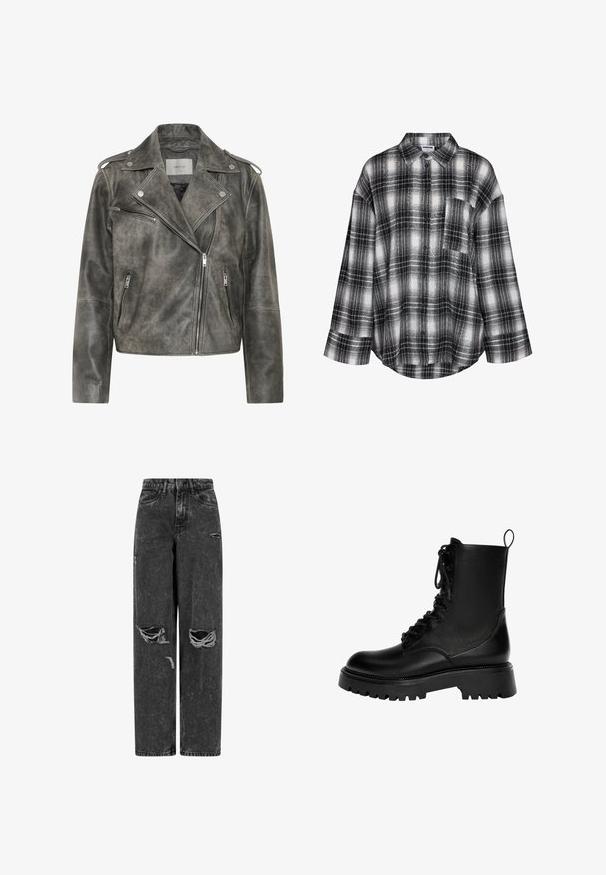 Gestuz VINTAGE JACKET - Leren jas - cold vintage grey; Zwart-wit geruit overhemd met lange mouwen, knopen aan de voorkant, een borstzak en een klassieke kraag.; Zwarte high-waist wijde jeans met gescheurde knieën en verwerkte details op een witte achtergrond.; Zwarte veterschoenen enkelboots van synthetisch leer, met een chunky zool, een trekhaak en uitgesproken stiksels.