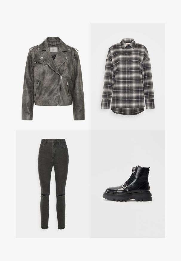 Gestuz VINTAGE JACKET - Læderjakker - cold vintage grey; Tjekket skjorte med lange ærmer i sorte, grå og hvide nuancer. Har knaplukning foran, spidse krave og en afslappet pasform med en lige kant.; Cotton On CURVY SKINNY - Jeans Skinny Fit - graphite black rip; Sort læder ankelstøvle med struktureret finish, der har snøredesign, metalhardware-detaljer og tyk gummisål med udtalt slidbane.