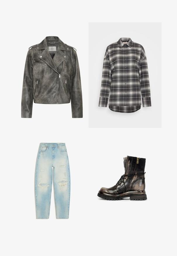 Gestuz VINTAGE JACKET - Kožená bunda - cold vintage grey; Kockovaná košeľa s dlhým rukávom v čiernej, sivej a bielej farbe. Má zapínanie na gombíky, špicatý golier a uvoľnený strih s rovnými okrajmi.; Svetlomodré rifle s vysokým pásom s opotrebovanými trhlinami na stehnách a kolenách, predné vrecká a zapínanie na gombíky.; Čierna a hnedá kožená bojová topánka so zipsom na boku, šnúrkami, robustnou podrážkou a pásikom s prackou na zadnej strane, zobrazená z pravej strany.