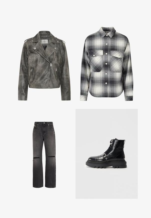 Gestuz VINTAGE JACKET - Lederjacke - cold vintage grey; Karierte Flanellhemd in Schwarz, Weiß und Grau. Mit Knopfverschluss, zwei Brusttaschen und langen Ärmeln mit geknöpften Manschetten.; Schwarze Jeans mit geradem Bein, mit horizontalen, abgenutzten Schlitzen an beiden Knien und klassischem Fünf-Taschen-Design.; Schwarze Leder-Ankle-Boots mit strukturierter Oberfläche, ausgestattet mit Schnürdesign, Metallakzenten und einer dicken Gummisohle mit ausgeprägtem Profil.