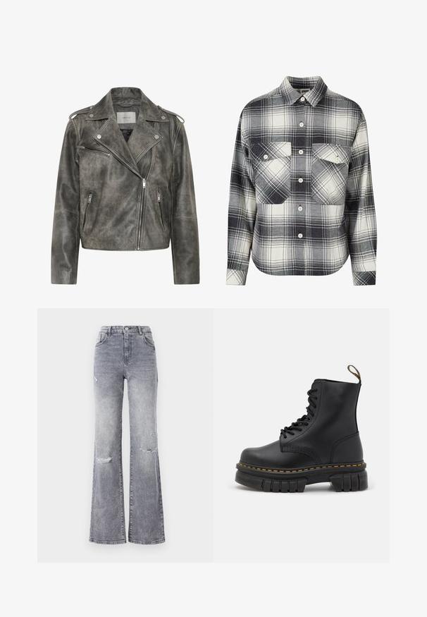 Gestuz VINTAGE JACKET - Læderjakker - cold vintage grey; Rutet flannel skjorte i sort, hvid og grå. Har knaplukning foran, to brystlommer og lange ærmer med knapmansjetter.; Højtaljede grå denim jeans med flagrende ben, der har slidte knædetaljer, et klassisk fem-lomme design og tonet syninger.; Sort læder snørre støvle med en kraftig sål, gul syning, rund tå og en træksløjfe bagpå for nem påtagning.