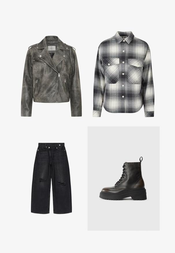 Gestuz VINTAGE JACKET - Lederjacke - cold vintage grey; Karierte Flanellhemd in Schwarz, Weiß und Grau. Mit Knopfverschluss, zwei Brusttaschen und langen Ärmeln mit geknöpften Manschetten.; Schwarze Jeans mit weitem Bein, mit zerrissenen Rissen an beiden Knien, vorderer Knopf- und Reißverschluss sowie Fünf-Taschen-Design.; Schwarze Leder-Ankle-Boots mit Schnürung, dicke schwarze Sohle und einer Schlaufe auf der Rückseite, die den eingeprägten Markennamen an der Ferse zeigt.