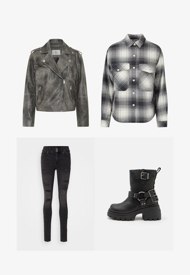 Gestuz VINTAGE JACKET - Læderjakker - cold vintage grey; Rutet flannel skjorte i sort, hvid og grå. Har knaplukning foran, to brystlommer og lange ærmer med knapmansjetter.; Sorte skinny jeans lavet af denim med et distressed design, der har flere rifter og en tætsiddende silhuet. Dobbeltknap lukning i taljen.; Sort læder ankelstøvle med en kraftig sål, spænde- og remdetaljer samt en tekstureret overflade. Har en hælrem for nem påklædning.