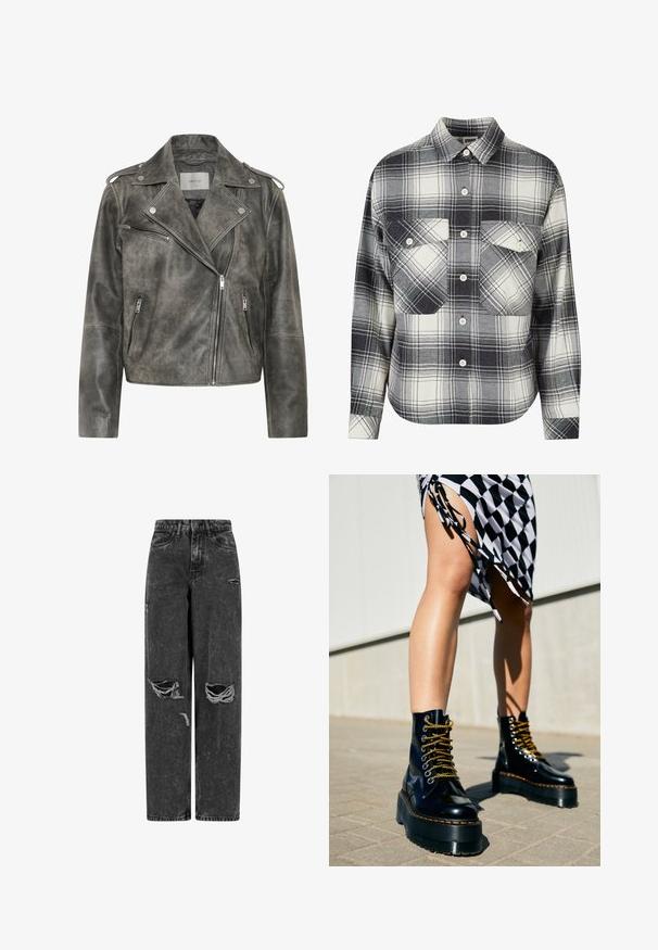 Gestuz VINTAGE JACKET - Leren jas - cold vintage grey; Geruite flanellen overhemd in zwart, wit en grijs. Beschikt over een knoopsluiting aan de voorkant, twee borstzakken en lange mouwen met knoopmanchetten.; Zwarte high-waist wijde jeans met gescheurde knieën en verwerkte details op een witte achtergrond.; Zwarte leren platformlaarzen met chunky zolen, gouden veters en oranje stiksels, gecombineerd met een geruite rok met een zijformulier.