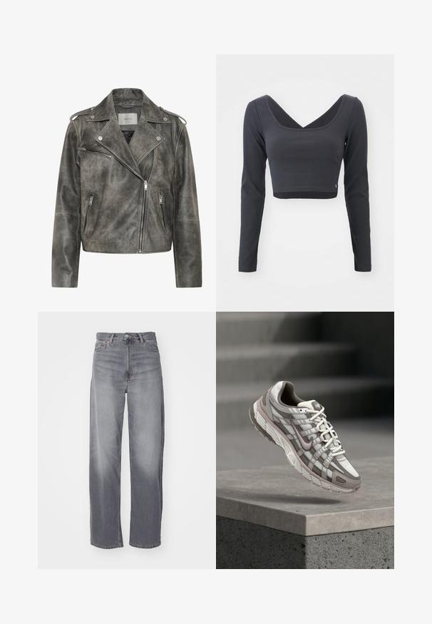 Gestuz VINTAGE JACKET - Læderjakker - cold vintage grey; Langærmet, cropped top i mørkegrå ribbet stof. Har en dyb V-halsudskæring og ensfarvet med et lille logo ved sømmen.; Weekday RAIL MID LOOSE STRAIGHT - Jeans Straight Leg - misty grey; Grå og hvide Nike løbesko med mesh og syntetiske overlays, ophængt over en betonforkant med trapper i baggrunden.
