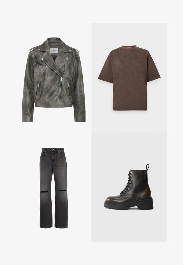 Gestuz VINTAGE JACKET - Læderjakker - cold vintage grey; Brun oversized T-shirt med korte ærmer og en subtil vaskede tekstur samt rund hals mod en ensfarvet lys baggrund.; Sorte jeans med lige ben, med slidte, vandrette slidser på begge knæ og klassisk fem-lomme design.; Sorte læder ankelstøvler med snørebånd, tyk sort sål og en løkke bagpå, prydet med præget mærkenavn på hælen.