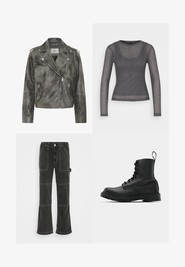 Gestuz VINTAGE JACKET - Læderjakker - cold vintage grey; Grå, langærmet top lavet af ribbet stof. Har en scoop neck og blandede teksturer med kontrasterende vandrette og lodrette striber.; BDG Urban Outfitters UTILITY SKATE - Jeans Relaxed Fit - washed black; Sort læder kampstøvle med rund tå, snørebånd foran og en løkke ved anklen. Har en tyk gummisål for holdbarhed.