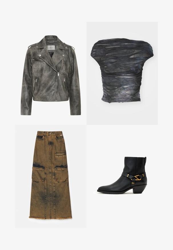 Gestuz VINTAGE JACKET - Kožená bunda - cold vintage grey; Čierny, priesvitný top s textúrovaným, vrstveným dizajnom s horizontálnymi rezy. Materiál sa javí ako ľahký s jemnými farebnými variáciami.; GCDS SKIRT - Denimová sukňa - brown; Čierna kožená členková čižma s nízkym šikmým blokovým opätkom, špicatou špičkou a ozdobnou zlatou prackou a nitmi na bočnom remienku.