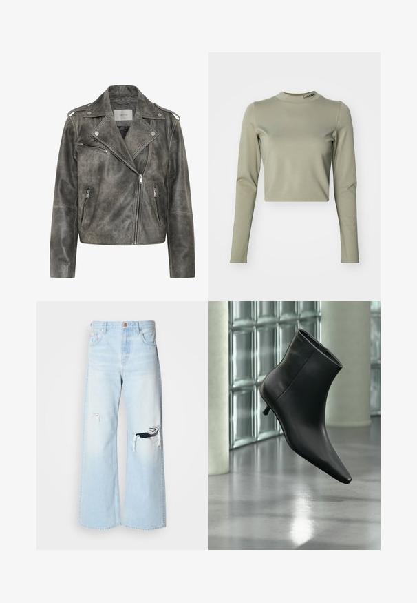 Gestuz VINTAGE JACKET - Leren jas - cold vintage grey; Korte mouwen top in licht olijfgroen, gemaakt van gladde stretchstof, met een hoge hals en een Calvin Klein-logo op de kraag.; Lichtblauwe wijde jeans van denim, met een hoge taille, grote scheuren bij de knieën en een klassieke vijf-pocket stijl met koperen details.; Zwarte leren enkellaars met spits toelopende neus en lage kittenhak, schuin weergegeven tegen een gepolijste vloer en een glazen blokken muur als achtergrond.