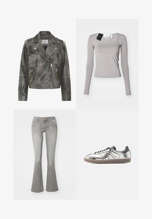 Gestuz VINTAGE JACKET - Δερμάτινο μπουφάν - cold vintage grey; Μακρυμάνικη μπλούζα σε ανοιχτό γκρι χρώμα, με τετράγωνη λαιμόκοψη, στενή εφαρμογή και λεία υφή. Περιλαμβάνει ετικέτες προσαρτημένες στη λαιμόκοψη.; Γκρίζες φαρδιές τζιν με μεσαία μέση, μπροστινές τσέπες και κλείσιμο με κουμπί, φτιαγμένες από τζιν ύφασμα με λεία υφή.; Χαμηλή αθλητική παπούτσια με ανακλαστικό ασημί επάνω μέρος, μαύρα κορδόνια και τακούνι, και μπεζ λαστιχένια σόλα σε απλό φωτεινό φόντο.