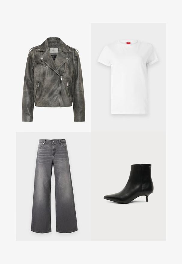 Gestuz VINTAGE JACKET - Leren jas - cold vintage grey; Witte T-shirt met korte mouwen, gemaakt van lichtgewicht katoen. Heeft een ronde hals en opgerolde mouwen. Rode merketiket op de kraag.; Wijde jeans in vervaagde donkergrijze denim. Voorzien van een klassieke tailleband, vijf zakken en subtiele lichte slijtagevlekken aan de voorkant.; Zwart leren enkellaars met puntige neus en lage kittenhak op lichte achtergrond, zijaanzicht buitenkant.