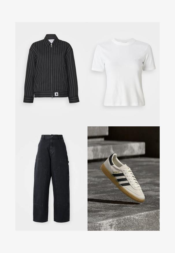 Chaqueta negra con rayas verticales blancas, cremallera en la parte delantera, cuello puntiagudo y un parche con logo en el dobladillo. Hecha de una tela suave.; Camiseta blanca de manga corta con canalé, escote redondo y un pequeño logo en el pecho. Fabricada con una tela suave y con un diseño ajustado.; Pantalones cargo de denim negro de pierna ancha con cintura alta, dos grandes bolsillos frontales y cierre de botón en la cintura. Textura suave, diseño casual.; Zapatilla blanca Adidas Spezial con rayas negras y suela de goma flotando sobre escalones de piedra grises al aire libre.