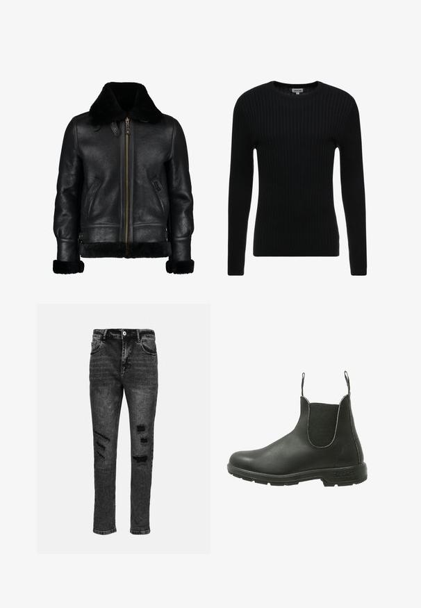 Chaqueta de cuero negra con un suave cuello de piel sintética negra, cremallera frontal, bolsillos laterales y una superficie ligeramente texturada. Presenta puños forrados de piel.; Suéter negro de manga larga con cuello redondo; tejido texturizado que presenta líneas verticales; silueta ajustada; sin adornos o acentos visibles.; Jeans de denim negro con un corte ajustado, que presentan desgarros desgastados en los muslos y las rodillas, cinco bolsillos y un cierre clásico de botón.; Bota Chelsea de cuero negro con paneles laterales elásticos, puntera redondeada y suela de goma texturizada, diseñada para un uso fácil al poner y quitar.