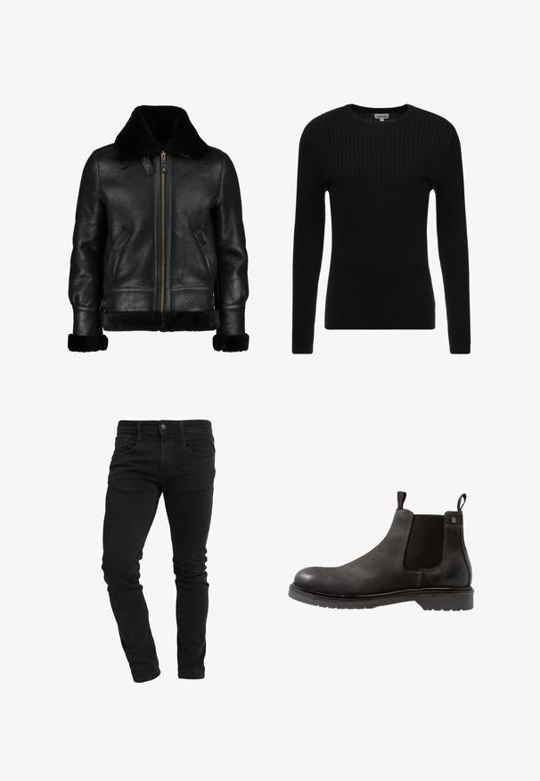 Chaqueta de cuero negra con un suave cuello de piel sintética negra, cremallera frontal, bolsillos laterales y una superficie ligeramente texturada. Presenta puños forrados de piel.; Suéter negro de manga larga con cuello redondo; tejido texturizado que presenta líneas verticales; silueta ajustada; sin adornos o acentos visibles.; Vaqueros ajustados negros con bolsillos frontales, presillas para cinturón, cierre de botón y ligera arruga a lo largo de las piernas.; Botín Chelsea de cuero negro con paneles laterales elásticos, superficie texturizada y suela de goma. Presenta un tirador en rojo y azul.