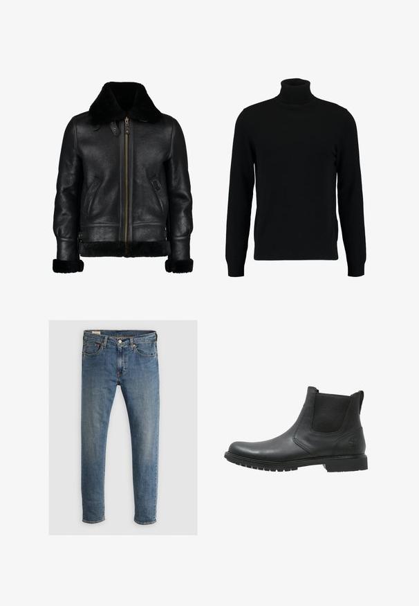 Chaqueta de cuero negra con un suave cuello de piel sintética negra, cremallera frontal, bolsillos laterales y una superficie ligeramente texturada. Presenta puños forrados de piel.; Jersey de cuello alto negro hecho de un material de punto suave. Cuenta con mangas largas, collar y dobladillo acanalados. Diseño simple y elegante sin patrones.; Jeans de mezclilla azul con corte recto, con cinco bolsillos, cremallera y remaches de cobre. La tela tiene un acabado desgastado y una ligera textura.; Botín Chelsea de cuero negro con paneles laterales elásticos, punta redonda y suela de goma texturizada. Presenta un logotipo en el talón.