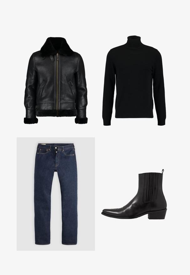 Sort læderjakke med blødt sort kunstpelskrave, frontlynlås, sidelommer og en let struktureret overflade. Har pelsforede manchetter.; Sort turtleneck sweater lavet af et blødt strikmateriale. Har lange ærmer, ribbet krave og kant. Enkel, slank design uden mønstre.; Mørkeblå jeans med lige ben, knaplukning, for- og baglommer samt kontrastsyning, lagt fladt på en lys baggrund.; Sort læder ankelstøvle med spids tå, elastiske sidepaneler, lodrette stikninger og en lav blokhæl.