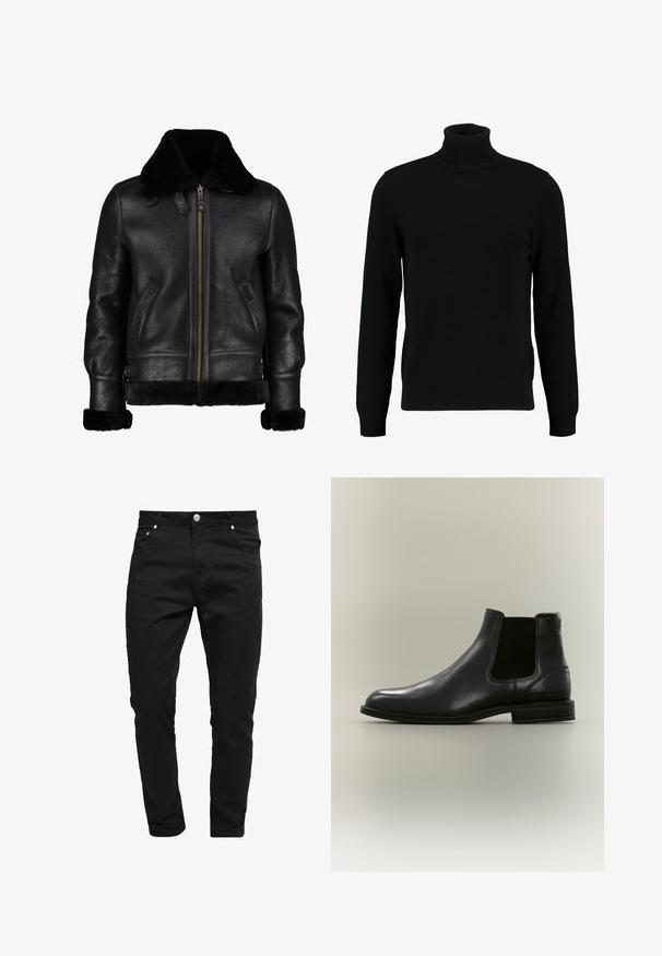 Chaqueta de cuero negra con un suave cuello de piel sintética negra, cremallera frontal, bolsillos laterales y una superficie ligeramente texturada. Presenta puños forrados de piel.; Jersey de cuello alto negro hecho de un material de punto suave. Cuenta con mangas largas, collar y dobladillo acanalados. Diseño simple y elegante sin patrones.; Jeans negros de tela de mezclilla, diseño ajustado, estilo de cinco bolsillos, cierre de botón metálico, con detalles de costura y una textura suave.; Botín Chelsea de cuero negro con panel lateral elástico y tacón bajo, mostrado desde el lado exterior sobre un fondo neutro.