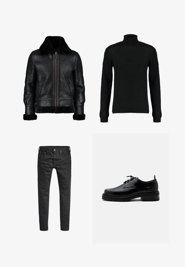 Sort læderjakke med blødt sort kunstpelskrave, frontlynlås, sidelommer og en let struktureret overflade. Har pelsforede manchetter.; Sort turtleneck sweater i et glat strikket stof, med lange ærmer og en tætsiddende silhuet. Ribstrikkede manchetter og kant.; Sorte slim-fit jeans med forlommer, bæltestropper og en knappelukning, præsenteret mod en hvid baggrund.; Sort poleret læder snørestøvle med tyk gummisål og lav hæl, sideskilt med mærketekst "SAMSOE" og bageste træksnor.