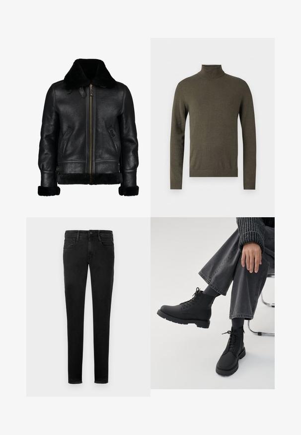 Sort læderjakke med blødt sort kunstpelskrave, frontlynlås, sidelommer og en let struktureret overflade. Har pelsforede manchetter.; Oliven grøn rullekravesweater i et blødt, struktureret strik. Har lange ærmer og en ribbet udskæring og kant, med fokus på komfort og pasform.; Sorte denim jeans, slim fit, fem-lomme design, synlige syninger, lukning med frontknap og minimalistisk brandingdetalje på baglommen.; Person sidder med krydsede ben iført sorte snørebåndsstøvler, mørke sokker, grå vidde bukser og en rippet mørk sweater på hvid baggrund.