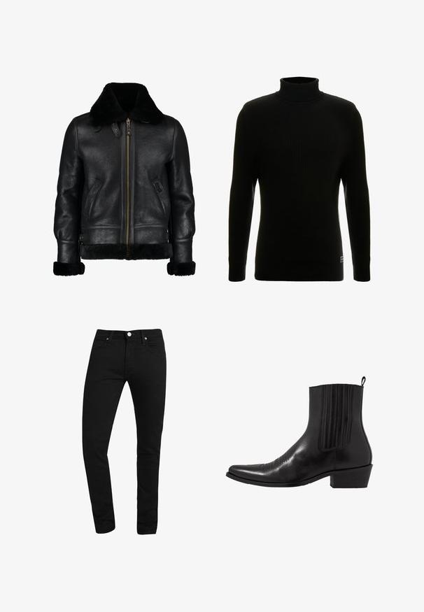 Chaqueta de cuero negra con un suave cuello de piel sintética negra, cremallera frontal, bolsillos laterales y una superficie ligeramente texturada. Presenta puños forrados de piel.; Suéter negro de cuello alto con mangas largas, textura acanalada, silueta ajustada y pequeña etiqueta de la marca en la parte inferior izquierda.; Vaqueros negros ajustados con bolsillos frontales, trabillas, cierre de botón y costuras visibles sobre un fondo blanco.; Bota de cuero negro hasta el tobillo con punta afilada, paneles laterales elásticos, acentos de costura vertical y un tacón bajo y cuadrado.