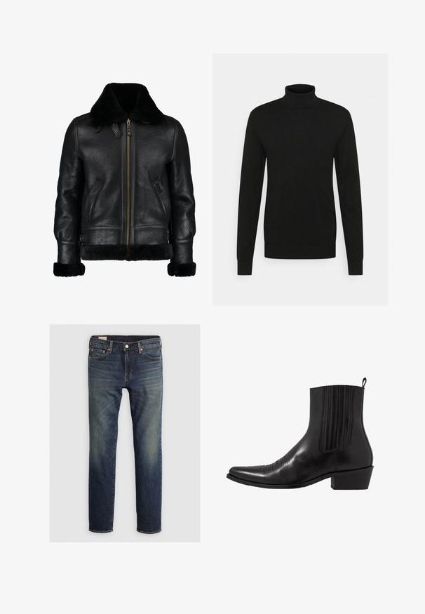 Chaqueta de cuero negra con un suave cuello de piel sintética negra, cremallera frontal, bolsillos laterales y una superficie ligeramente texturada. Presenta puños forrados de piel.; Jersey de cuello alto negro hecho de un material suave y elástico. Mangas largas, cuello y puños acanalados, y una silueta ajustada.; Vaqueros de mezclilla azul oscuro con un diseño de pierna recta, cinco bolsillos, costuras visibles y un efecto desvanecido en los muslos. Cierre de botón metálico.; Bota de cuero negro hasta el tobillo con punta afilada, paneles laterales elásticos, acentos de costura vertical y un tacón bajo y cuadrado.