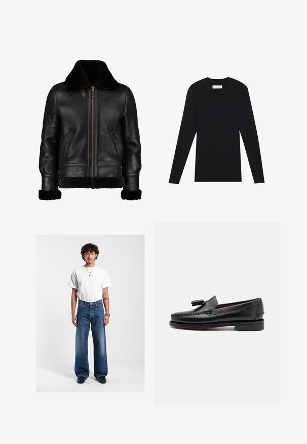 Chaqueta de cuero negra con un suave cuello de piel sintética negra, cremallera frontal, bolsillos laterales y una superficie ligeramente texturada. Presenta puños forrados de piel.; Pier One by Zalando MUSCLE FIT KNITJUMPER - Jersey de punto - black; Camiseta de algodón blanca, ajuste holgado con mangas cortas; combinada con unos pantalones vaqueros de pierna ancha en azul oscuro; accesorios plateados; fondo liso.; Mocasines de cuero negro con costuras de mocasín, punta redonda y acento de borlas. Tacón plano con una textura suave, diseñados para uso casual.