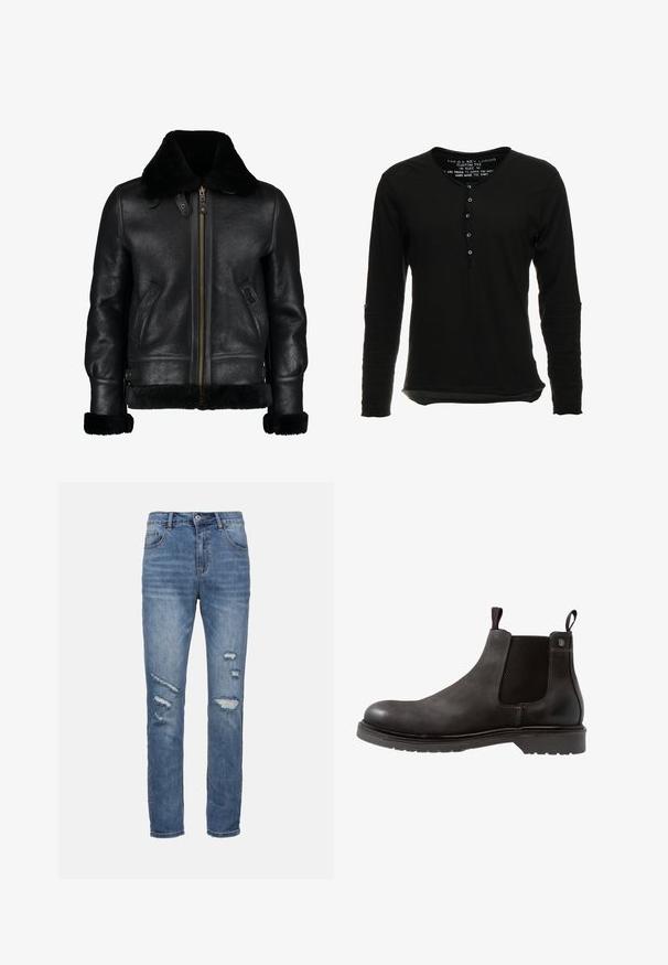 Chaqueta de cuero negra con un suave cuello de piel sintética negra, cremallera frontal, bolsillos laterales y una superficie ligeramente texturada. Presenta puños forrados de piel.; Camisa negra de manga larga con escote en V, cuenta con una botonera de cinco botones y un dobladillo ligeramente curvado. Tejido de textura suave sin patrones.; Jeans de mezclilla azul con corte recto, que presentan parches desgastados, cinco bolsillos y un cierre de botón. Diseño clásico de tiro medio.; Botín Chelsea de cuero negro con paneles laterales elásticos, superficie texturizada y suela de goma. Presenta un tirador en rojo y azul.