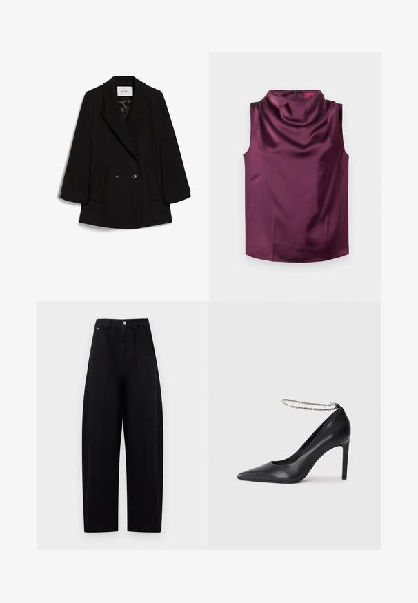 Sort dobbelbrystet frakk med spids krave, to forlommer og subtil tekstur, prydet med runde sorte knapper.; Bordeaux ærmeløs top fremstillet af glat satin med en cowl halsudskæring og en skjult lynlås bagpå. Flad søm, ingen synlige mønstre.; Sortt bredbenet bukser med høj talje og forlynlås med knaplukning, med sidelommer og bæltestropper på en lys baggrund.; Sorte læder højhælede pumps med spids tå, der har en tynd sølvkæde ankelrem og en slank, glat tekstur.