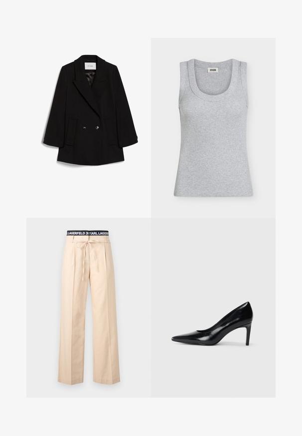 Abrigo negro de doble botonadura con solapa, dos bolsillos frontales y una textura sutil, con botones redondos negros.; Camiseta sin mangas gris de canalé con cuello redondo y una pequeña etiqueta en el interior de la espalda que dice "DRYKORN".; Pantalones de pierna ancha color beige con pliegues, cinturilla elástica negra con texto blanco "KARL LAGERFELD" y cordón ajustable en la cintura.; Zapato de tacón alto de cuero negro con punta afilada, textura suave y tacón en forma de cono. Diseño minimalista, sin adornos adicionales.