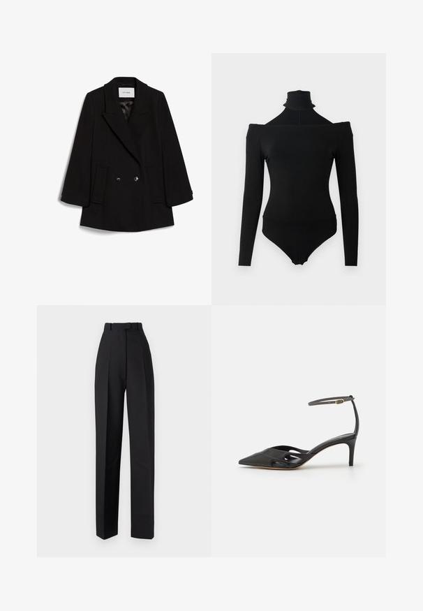 Sort dobbelbrystet frakk med spids krave, to forlommer og subtil tekstur, prydet med runde sorte knapper.; Sort langærmet bodysuit med off-shoulder halsudskæring og høj turtleneck krave, der har trykknapper ved skridtet.; Sorte højtaljede bukser med plisseringer, der har et skræddersyet design og lige ben. Fremstillet af et glat stof med minimal detaljering.; Sort læder højhælet sko med spids tå, åbne sider og en tynd ankelrem med en lille guld detalje.