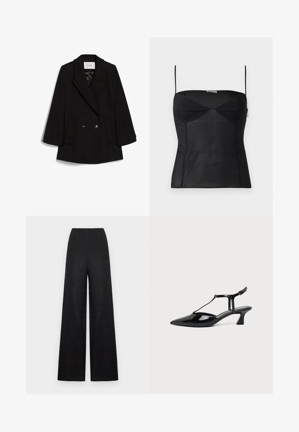 Abrigo negro de doble botonadura con solapa, dos bolsillos frontales y una textura sutil, con botones redondos negros.; Top negro sin mangas ajustado con tirantes delgados, escote corazón y detalles de costuras sobre un fondo blanco liso.; Pantalones negros de pierna ancha hechos de lino con una textura suave, que presentan una cintura alta, pliegues delanteros y sin herrajes ni adornos visibles.; Zapato slingback de cuero charol negro con punta fina, tira en T y tacón bajo en bloque inclinado sobre fondo blanco.