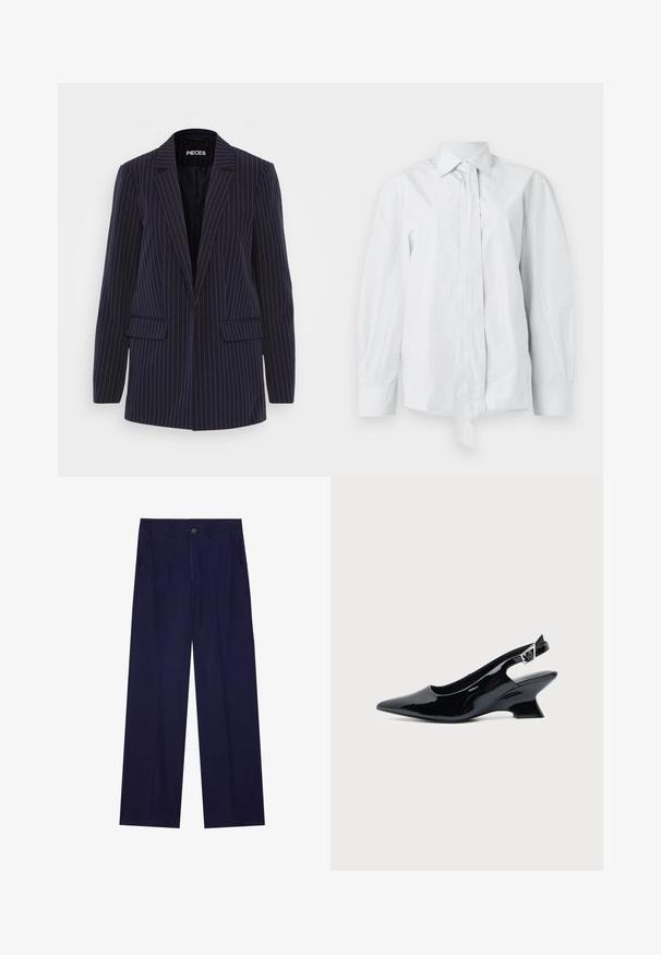 Blazer a rayas azul marino con solapas de muesca, mangas largas, bolsillos de solapa y un corte entallado.; Camisa blanca de manga larga con un cuello clásico y un lazo alargado en la parte delantera. Hecha de una tela suave, presenta un corte relajado y sin estampados.; Pantalones de pierna ancha en azul marino, hechos de una tela suave, con un cierre de botón único y dos bolsillos frontales. Textura lisa sin patrones.; Zapato slingback de cuero charol negro con puntera puntiaguda y tacón bajo en bloque inclinado sobre fondo claro liso.