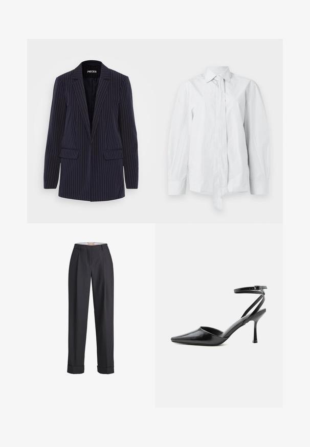 Blazer bleu marine à rayures verticales avec revers crantés, manches longues, poches à rabat et coupe ajustée.; Chemise blanche à manches longues avec un col classique et un nœud devant allongé. Fabriquée en tissu lisse, elle présente une coupe décontractée et sans motifs.; Pantalon gris foncé en tissu texturé, avec une taille haute, des plis et des poignets retroussés aux ourlets.; Escarpin noir à bout pointu avec fines brides de cheville et fermeture à boucle argentée sur fond clair uni.
