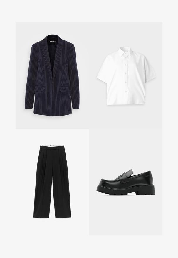 Marineblauw pinstripe blazer met geknipte revers, lange mouwen, klepzakken en een getailleerde pasvorm.; Wit overhemd met korte mouwen, knoopsluiting en kraag, eenvoudig ontwerp en subtiel logo op de borst, weergegeven op een lichte achtergrond.; Zwarte broek met wijde pijpen, voorplooien, riemlussen en zijzakken, ontworpen voor een getailleerde pasvorm.; Zwarte leren instappers met een chunky, gestructureerde zool, voorzien van een band over de voet en een gladde, gepolijste afwerking.