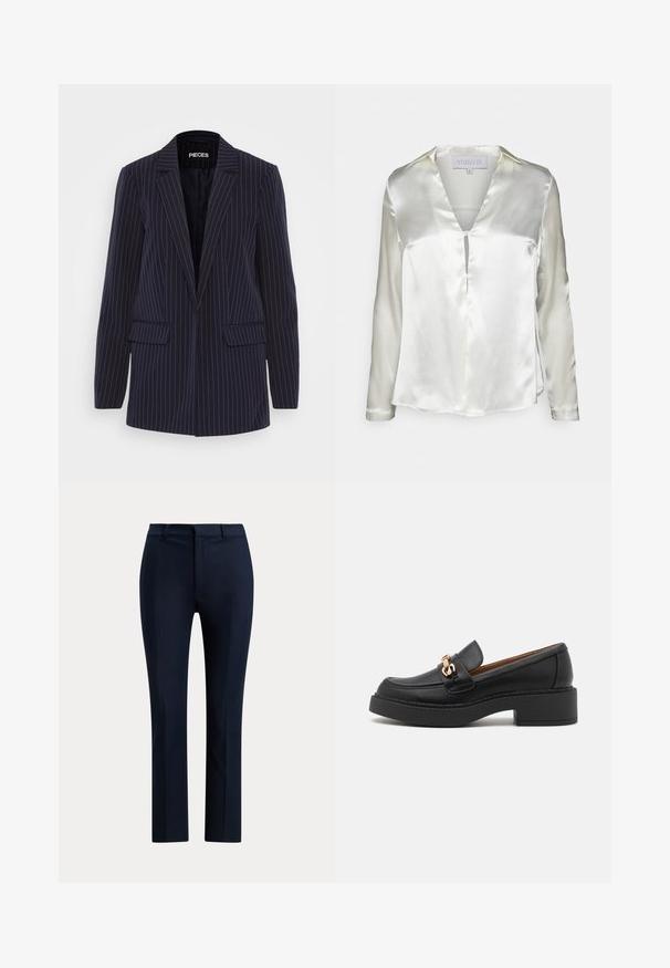 Blazer a rayas azul marino con solapas de muesca, mangas largas, bolsillos de solapa y un corte entallado.; STUDIO ID ALYSSA - Blusa - champagne; Pantalones rectos a medida de color azul marino oscuro con trabillas para cinturón y cierre delantero con cremallera sobre fondo blanco.; Mocasín de cuero negro con una suela plataforma gruesa, que presenta un adorno de cadena en tono dorado y detalles de costura visibles. Textura suave y diseño elegante.