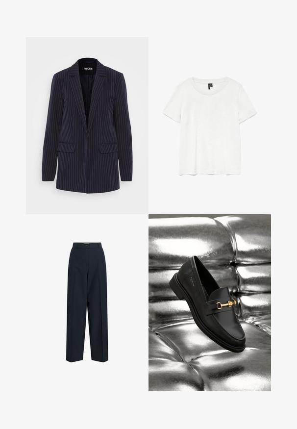 Blazer a rayas azul marino con solapas de muesca, mangas largas, bolsillos de solapa y un corte entallado.; Camiseta blanca de manga corta con un cuello redondo, hecha de tejido ligero. Diseño simple, textura suave y dobladillo recto.; Pantalones sastre azul marino con piernas rectas, presillas para cinturón y cierre con un solo botón en la cintura.; Mocasín de cuero negro con un detalle de herrajes en tono dorado. El zapato presenta un diseño elegante y una textura suave y brillante.