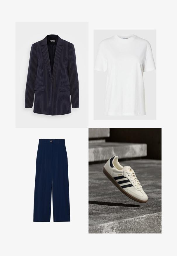 Blazer bleu marine à rayures verticales avec revers crantés, manches longues, poches à rabat et coupe ajustée.; T-shirt en coton blanc avec des manches courtes et un col rond. Présente une coupe décontractée et un design minimal sans motifs ni accents.; Pantalons larges bleu marine en matériau doux, avec des plis avant, une fermeture à bouton et deux poches latérales.; Baskets blanches Adidas Samba avec des bandes noires et une semelle en gomme, flottant au-dessus de marches en béton gris texturé.