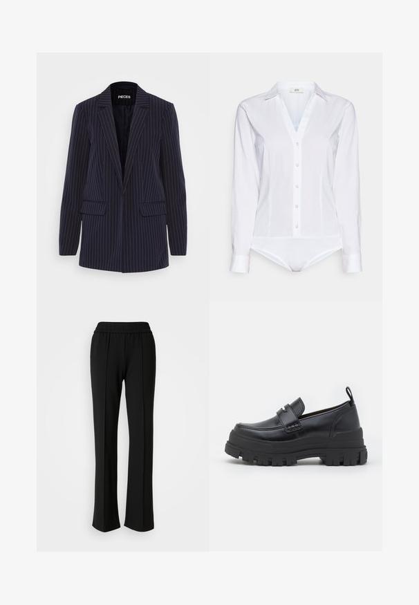 Blazer a rayas azul marino con solapas de muesca, mangas largas, bolsillos de solapa y un corte entallado.; JDY JDYMIO - Blusa - white; Pantalones negros de cintura elástica con un diseño de pierna recta y costuras verticales en la parte frontal para un detalle adicional. Textura de tela suave.; Mocasín de cuero negro con suela gruesa y acanalada, costuras en la puntera estilo mocasín, detalle de correa en la parte superior y tira para tirar en el talón, mostrado de perfil lateral.