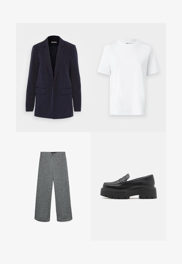 Blazer bleu marine à rayures verticales avec revers crantés, manches longues, poches à rabat et coupe ajustée.; T-shirt en coton blanc à col rond, avec des manches courtes et une texture lisse. Conçu avec une coupe décontractée pour plus de confort et de polyvalence.; Pantalon à jambes larges en tissu tricoté gris texturé. Doté d'une taille haute et de jambes droites, offrant une coupe décontractée.; Mocassins en cuir noir avec une semelle en caoutchouc épaisse et basse, des détails cousus sur le dessus et une texture lisse.