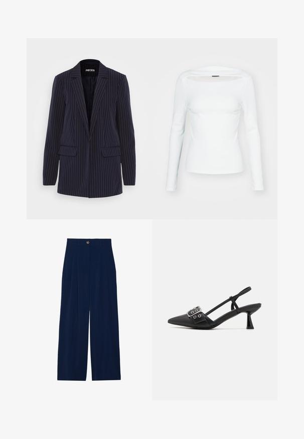 Marineblå blazer med smalle striber, med spaltestik, lange ærmer, klaplommer og en skræddersyet pasform.; Hvid langærmet top med firkantet halsudskæring og åben udskæring foran, lavet af ribbet materiale. Tætsiddende design, glat tekstur.; Marineblå brede bukser lavet af blødt materiale, med fortilæg, knaplukning og to sidelommer.; Simmi London DALA - Pumps - black