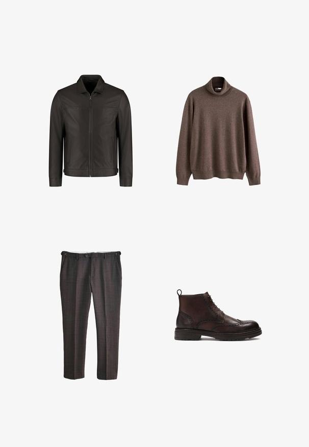 Chaqueta de cuero marrón oscuro con cremallera frontal, dos bolsillos laterales verticales y un collar clásico, exhibida sobre un fondo blanco.; Suéter marrón de cuello alto hecho de tela suave. Presenta mangas largas y un ajuste relajado, con detalles de cuello y dobladillo acanalados.; Pantalones formales gris oscuro con un sutil patrón de ventana, botón frontal y bolsillos laterales, mostrados extendidos sobre un fondo blanco.; Botas de tobillo de cuero marrón con detalles de brogue, punta redonda, diseño con cordones y una suela de goma texturizada con una lengüeta en el talón.