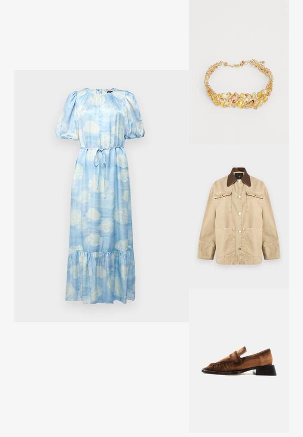 Veste beige à manches longues avec col pointu marron foncé, quatre poches avant et fermetures à boutons-pression argentés au centre.; Robe bleu clair avec imprimé nuages, manches bouffantes, décolleté élastique et taille à nouer. Présente un ourlet volé et une texture satin lisse.; Mocassin en cuir marron avec petit talon bloc, bout moc cousu et bride sur le dessus, sur fond blanc uni.; Collier ras du cou en ton doré avec des clusters de pierres précieuses jaunes et ambre de différentes formes et tailles, avec une fermeture à mousqueton.